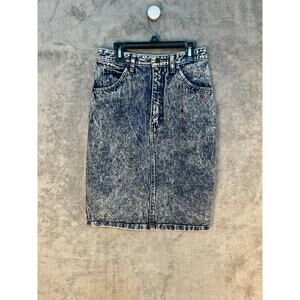 VTG Denim Skirt Size 26" High Waist Acid Wash Rhinestone 80s Punk Flaw